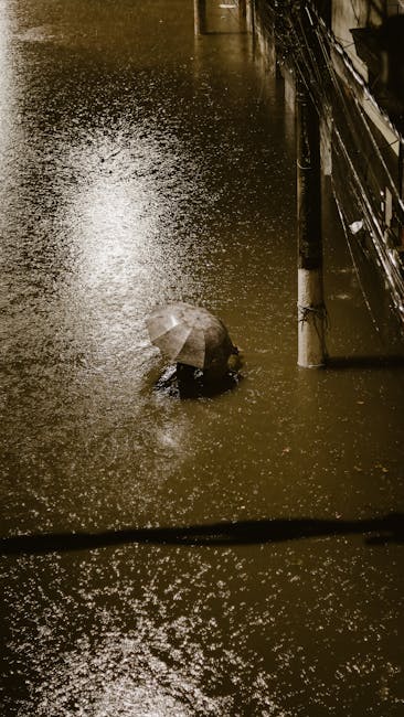 A flooded city street at night with wet asphalt pavement reflecting streetlights, and water pooling around the edges. An individual holding an umbrella is partially submerged in water, walking along the sidewalk near storefronts with closed shutters. The scene showcases the aftermath of heavy rainfall or flooding, emphasizing the importance of surface cleaning and water damage management. Bright street lighting illuminates the wet surfaces, highlighting the reflective quality of the water. The environment appears damp and necessitates professional drying and sanitisation services, as provided by Carpet Cleaners Paddington, to restore cleanliness and safety after flood events.