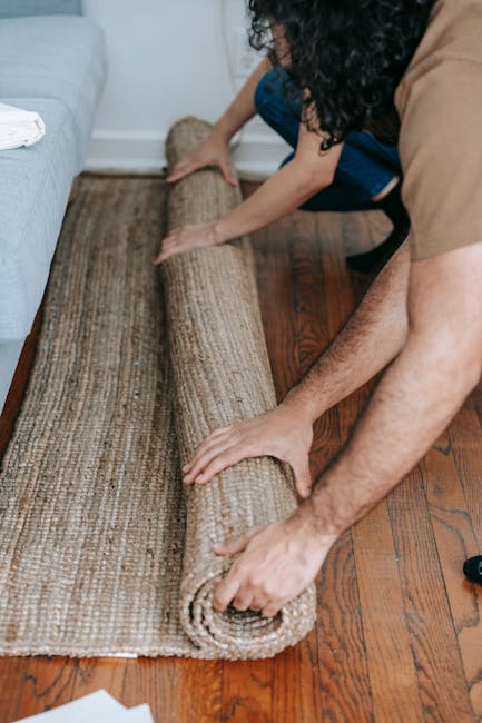 A person with curly black hair and a tan shirt is carefully unrolling a beige, textured carpet onto a polished wooden floor in a living room. The carpet appears to be new or freshly cleaned, with no v
