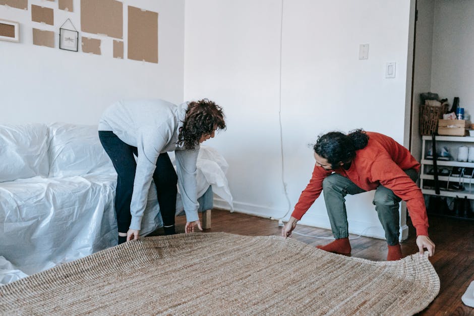 A person with curly black hair and a tan shirt is carefully unrolling a beige, textured carpet onto a polished wooden floor in a living room. The carpet appears to be new or freshly cleaned, with no v